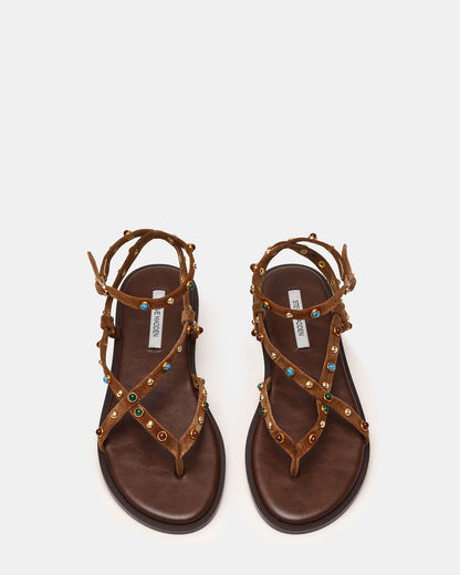 MATHIS Tan Suede Studded Embellished Strappy Thong Women's Sandal