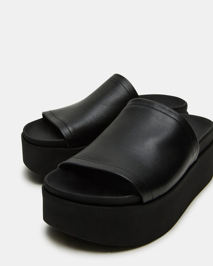ARWEN Black Leather Women's Platform Footbed Slide Chunky Sandal