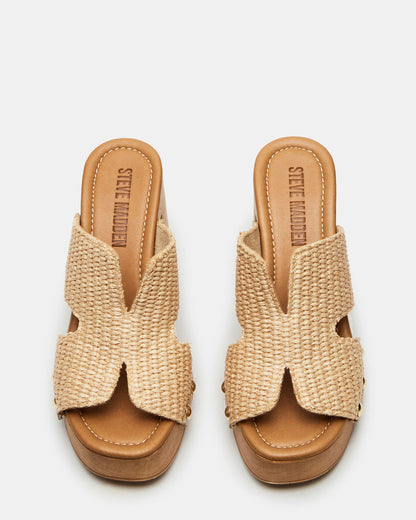 SUNKISSED Raffia Platform Block Heel Studded Women's Sandal