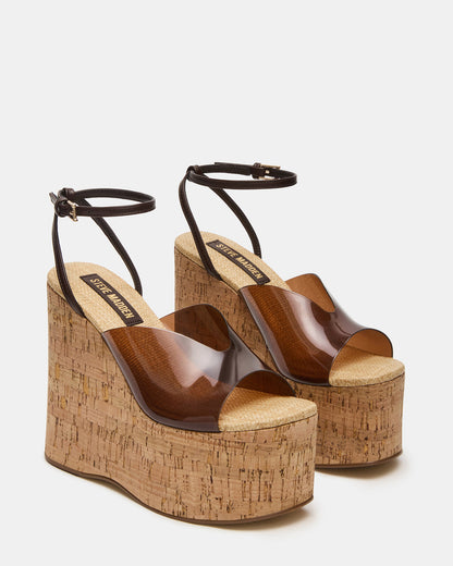 SINAI Brown Square-Toe Platform Wedge Strappy Women's Sandal