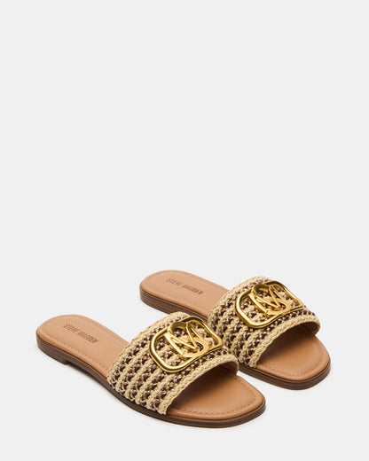 KORA Brown Raffia Gold Detail Slide Women's Sandal