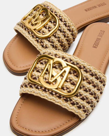 KORA Brown Raffia Gold Detail Slide Women's Sandal