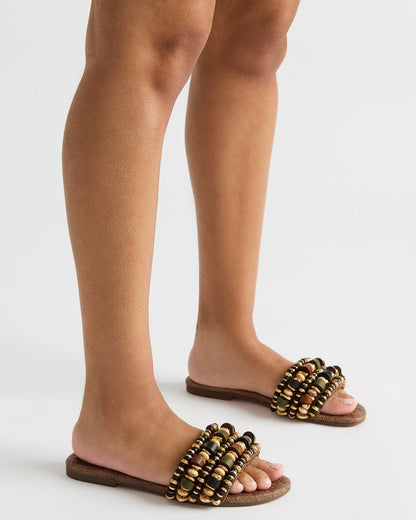 MARIKA Beads Brown Raffia Round-Toe Slide Women's Sandal