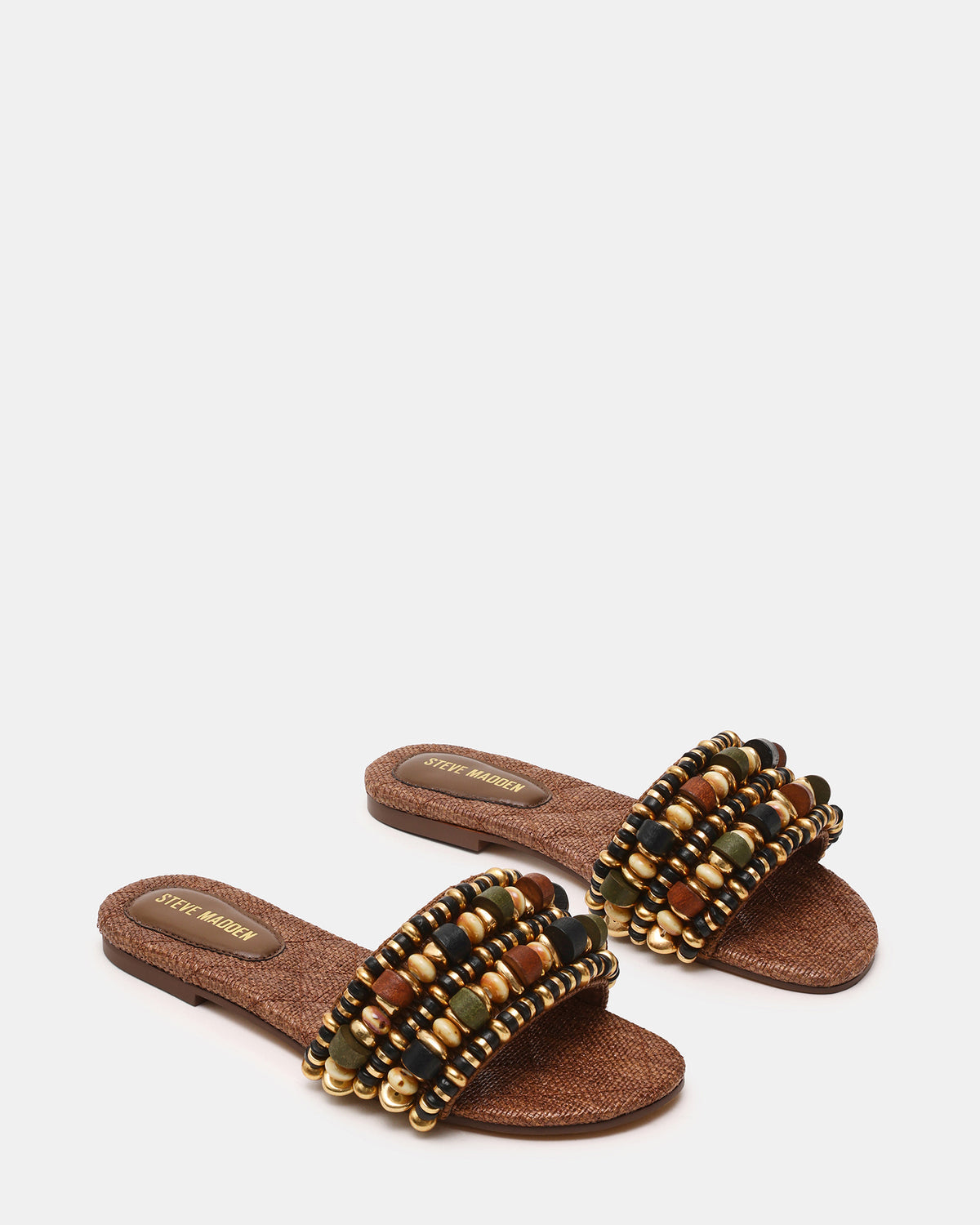 MARIKA Beads Brown Raffia Round-Toe Slide Women's Sandal