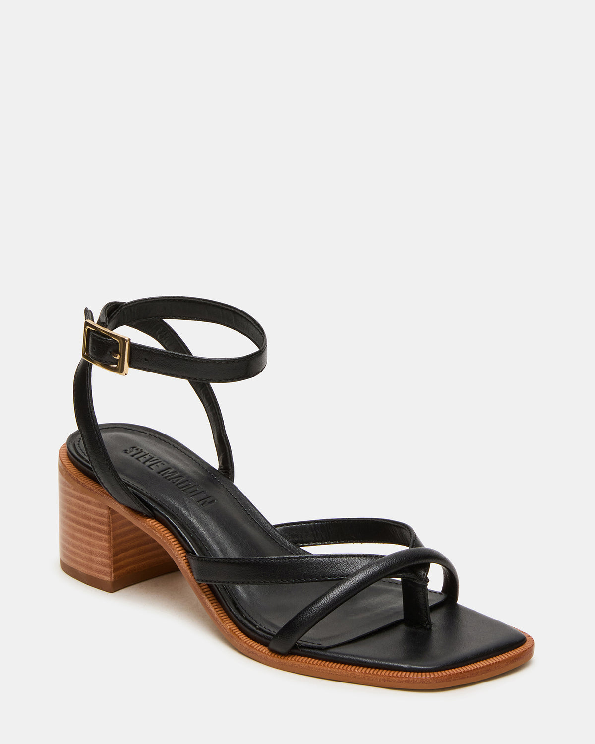 TILLY Black Leather Square-Toe Block Heel Strappy Women's Sandal