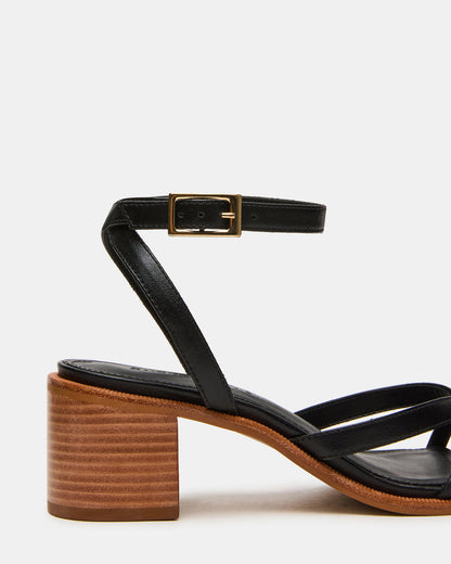 TILLY Black Leather Square-Toe Block Heel Strappy Women's Sandal