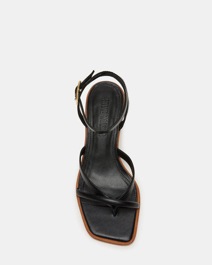 TILLY Black Leather Square-Toe Block Heel Strappy Women's Sandal