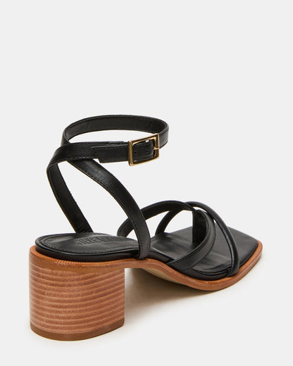 TILLY Black Leather Square-Toe Block Heel Strappy Women's Sandal