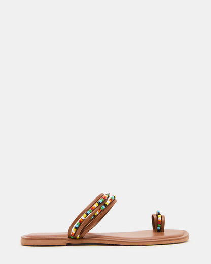 NABILA Tan Multi Sqaure-Toe Beaded Women's Sandal