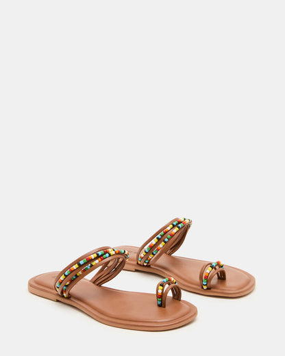 NABILA Tan Multi Sqaure-Toe Beaded Women's Sandal