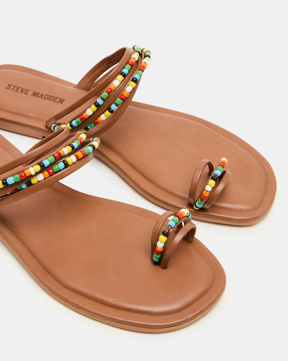 NABILA Tan Multi Sqaure-Toe Beaded Women's Sandal