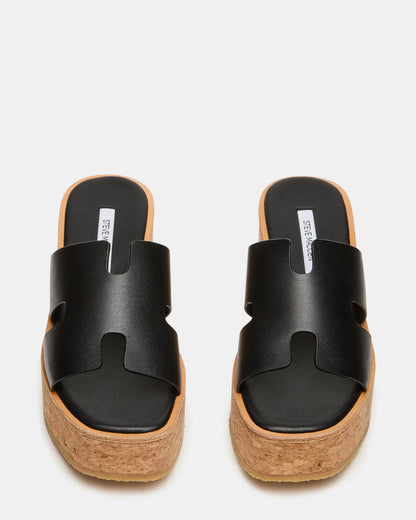 HARMONY Black Leather Wedge Mule Cork Platform Women's Sandal