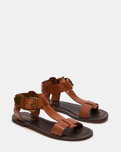BRAZINN Tan Leather Strappy Flat Sandal Women's Sandal