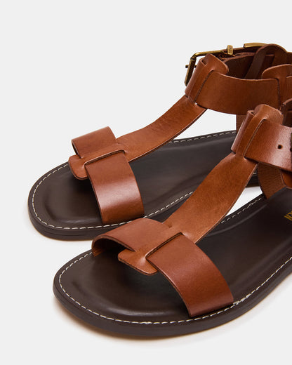 BRAZINN Tan Leather Strappy Flat Sandal Women's Sandal