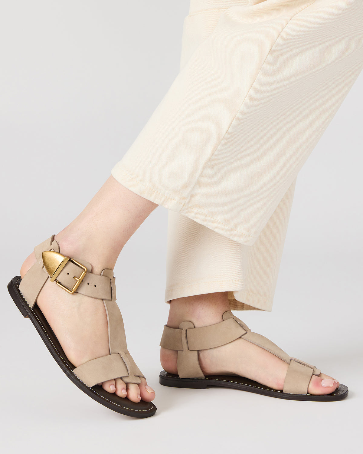 BRAZINN Taupe Nubuck Strappy Flat Sandal Women's Sandal