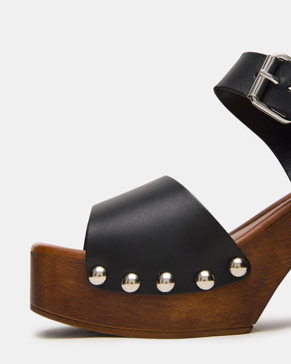 JEMMA Black Leather Square-Toe Wood Bottom Block Heel Women's Sandal