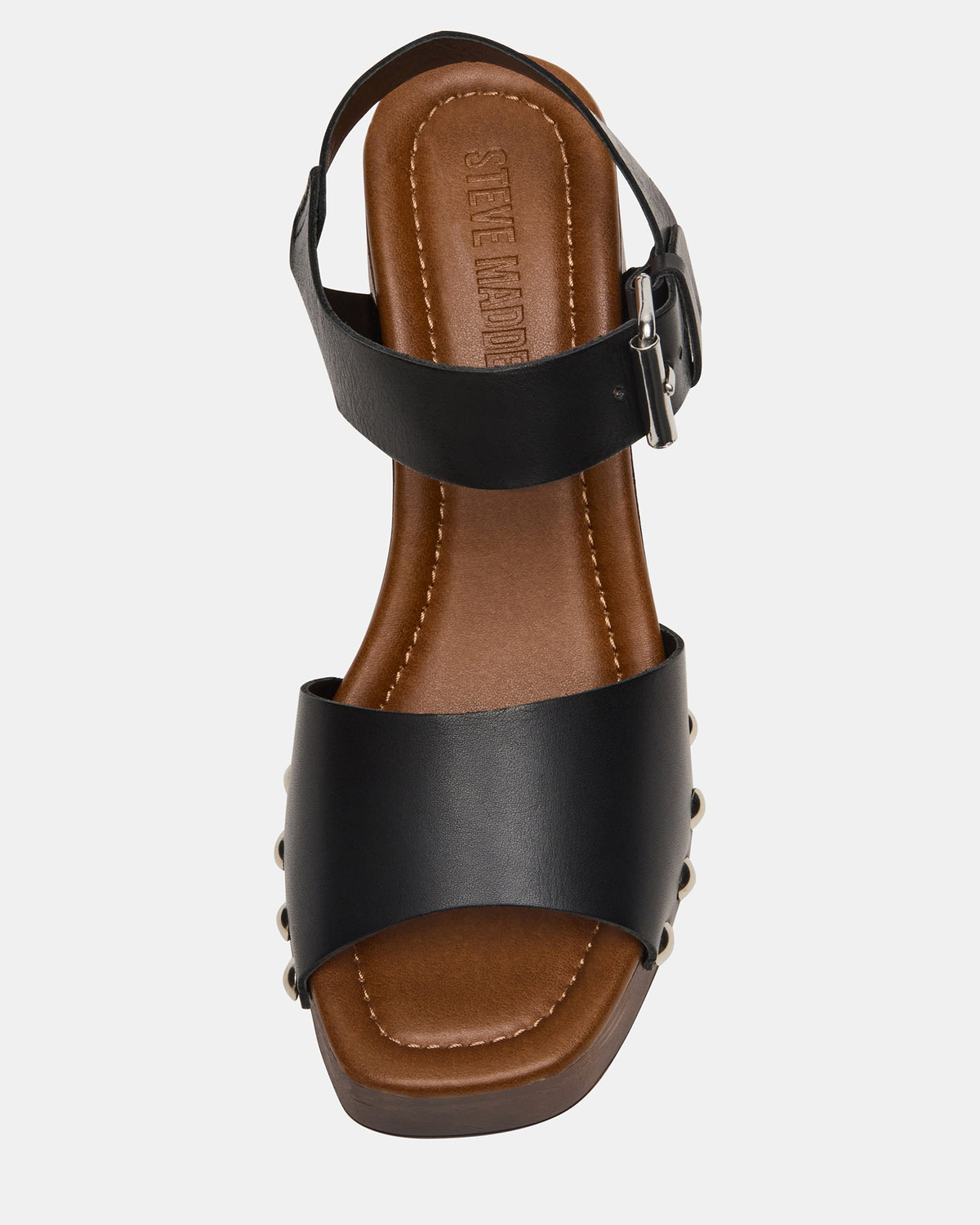 JEMMA Black Leather Square-Toe Wood Bottom Block Heel Women's Sandal