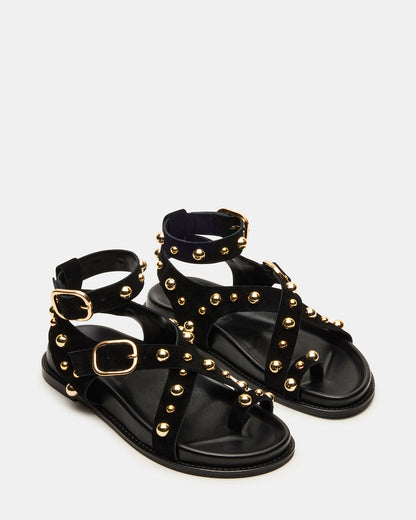 LINEAR Black Suede Strappy Footbed Studded Women's Sandal