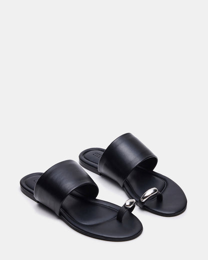 DECADENT Black Leather Rounded-Toe Slide Women's Sandal