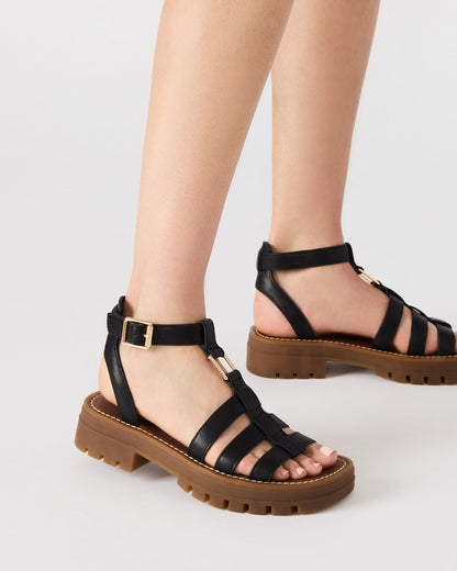 JARELLI Black Leather Strappy Platform Women's Sandal