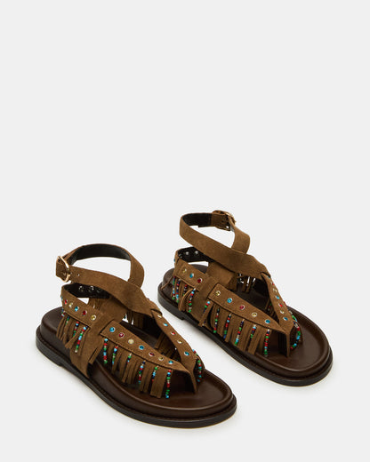 WENDELL Chestnut Suede Beaded Flatform Footbed Strappy Fringe Women's Sandal