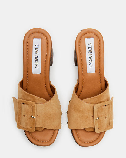 MARLENA Sand Suede Women's Wood Bottom Mule Platform Heel