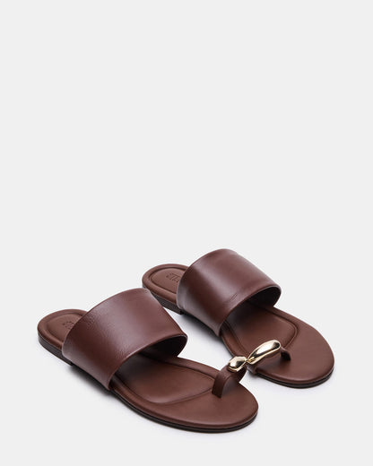 DECADENT Brown Leather Rounded-Toe Slide Women's Sandal