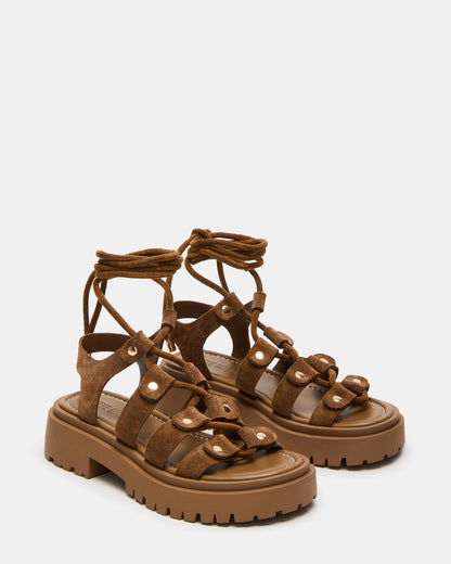 LYRIAN Cognac Suede Platform Lace-Up Strappy Women's Sandal