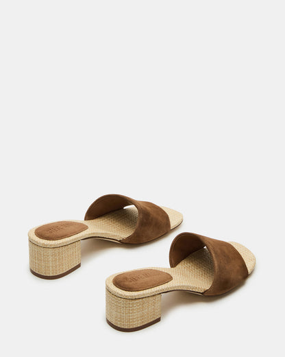 HAILEE Chestnut Suede Women's Square-Toe Raffia Block Heel Mule Sandal