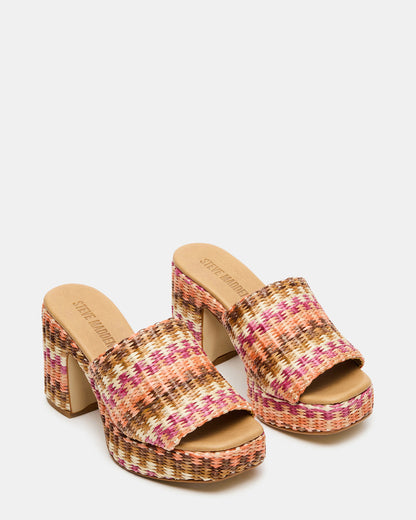 KOLA Pink Raffia Platform Square-Toe Block Heel Mule Women's Sandal