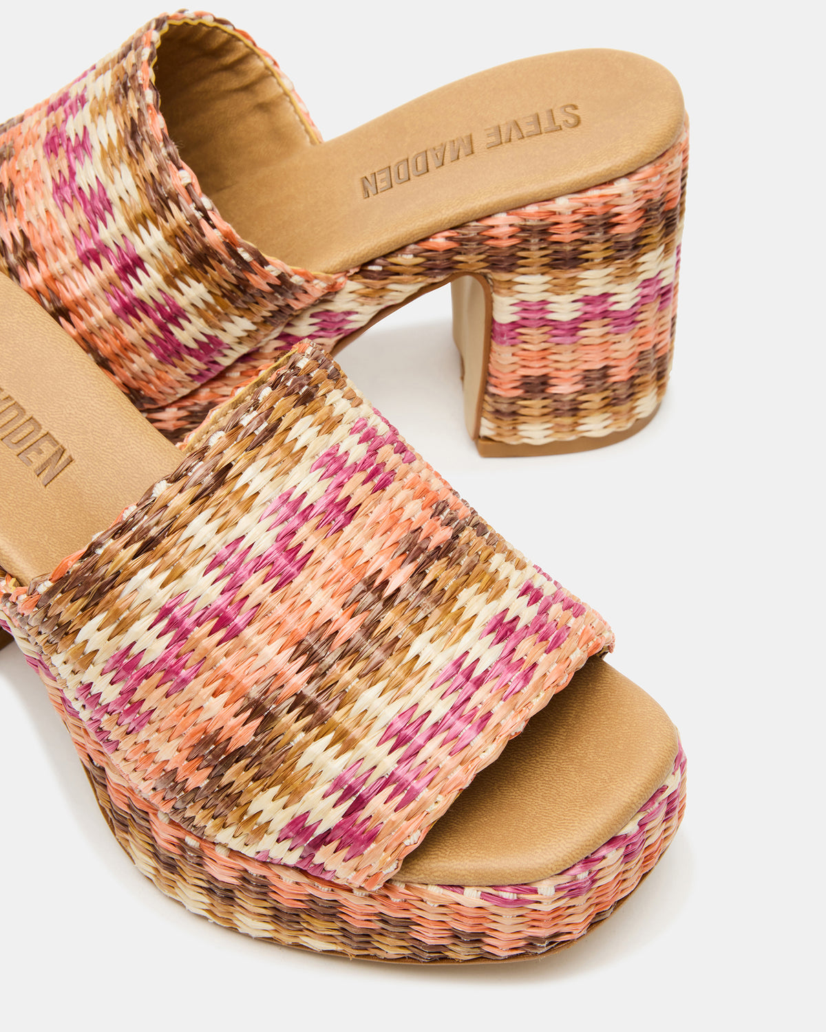 KOLA Pink Raffia Platform Square-Toe Block Heel Mule Women's Sandal