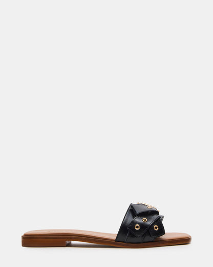 HILARIA Black Leather Square-Toe Slide Women's Sandal