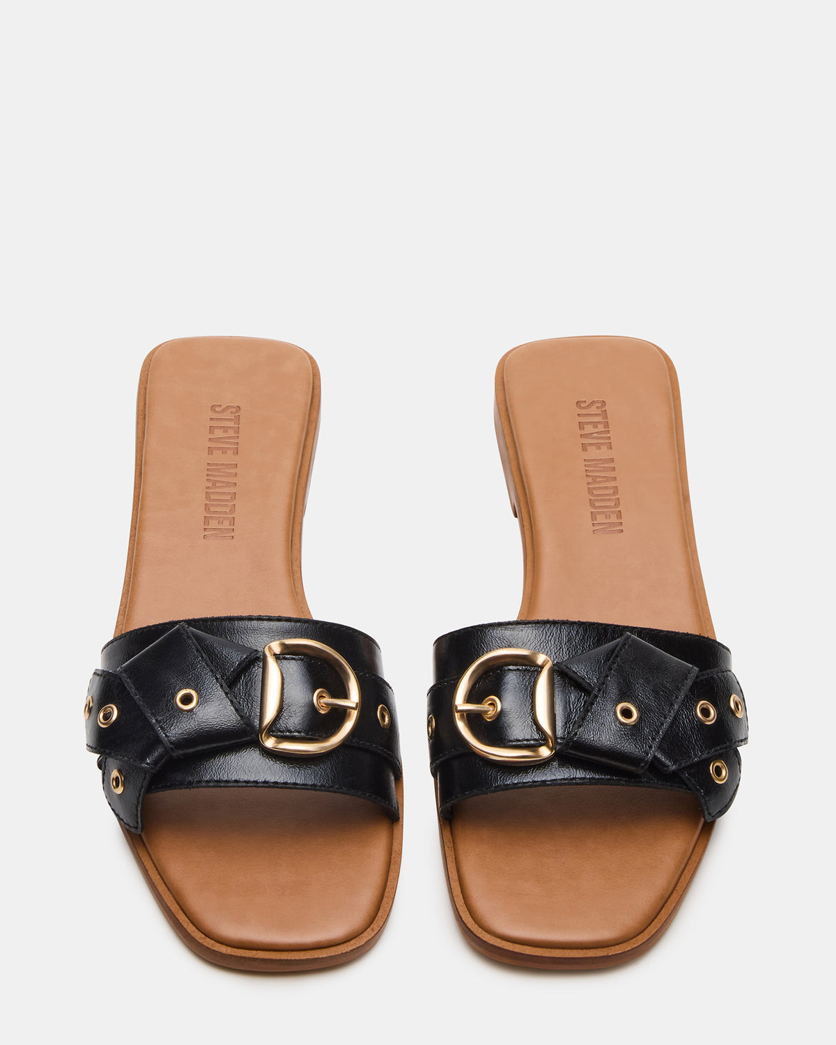 HILARIA Black Leather Square-Toe Slide Women's Sandal
