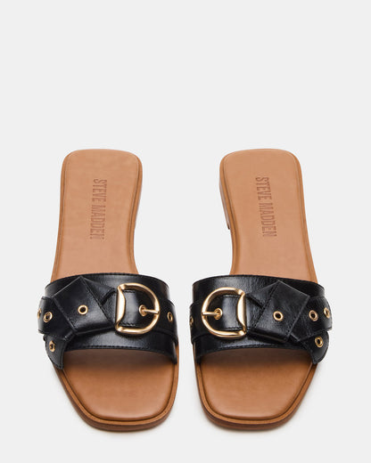 HILARIA Black Leather Square-Toe Slide Women's Sandal