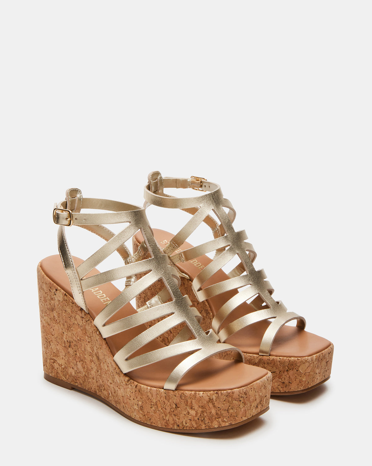 COZETTE Gold Leather Women's Platform Square-Toe Wedge Sandal