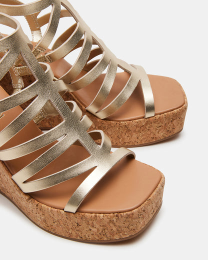 COZETTE Gold Leather Women's Platform Square-Toe Wedge Sandal