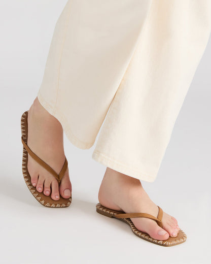 MARELLA Cognac Leather Women's Thong Square-Toe Sandal
