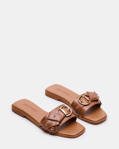 HILARIA Tan Leather Square-Toe Slide Women's Sandal