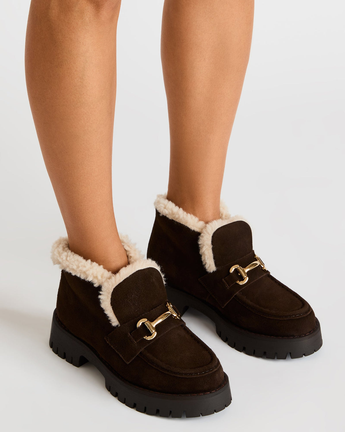 LEON Faux Fur Chocolae Brown Suede Platform Lug Sole Women's Loafer