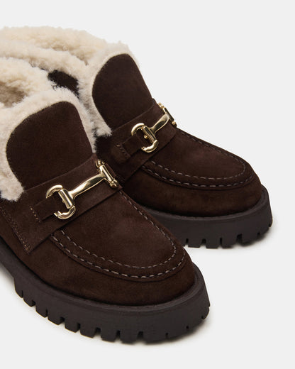 LEON Faux Fur Chocolae Brown Suede Platform Lug Sole Women's Loafer