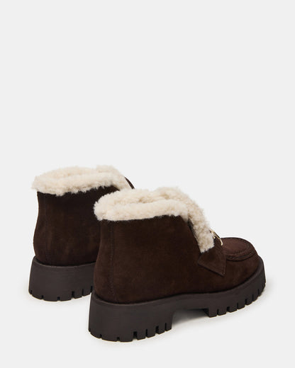 LEON Faux Fur Chocolae Brown Suede Platform Lug Sole Women's Loafer