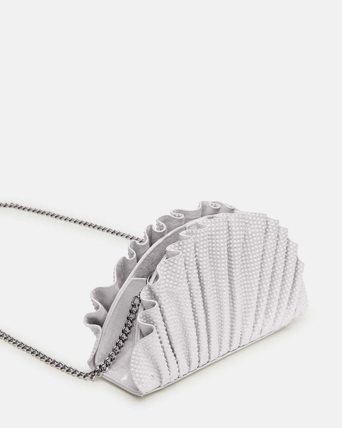 DELMAR Bag White Ruffled Pleated Semi-Circle Crossbody Clutch Handbag