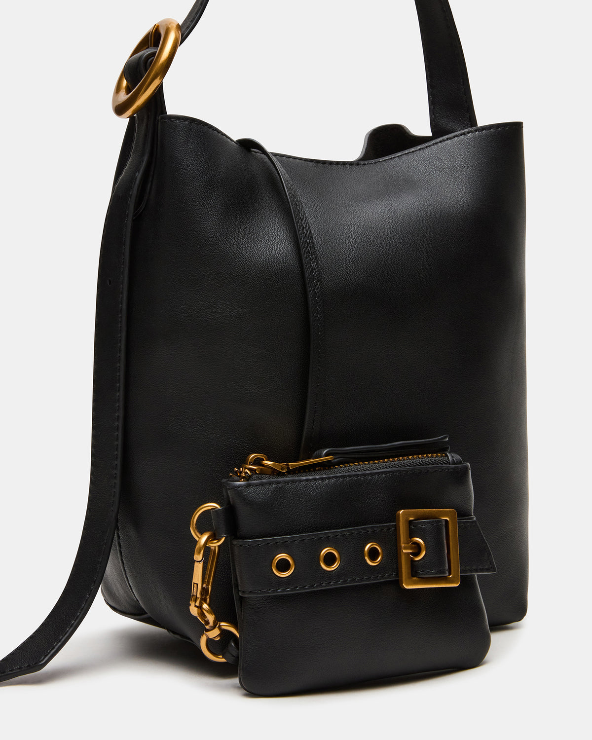 SOFIEE Bag Black Leather Shoulder Strap Bucket Tote Handbag