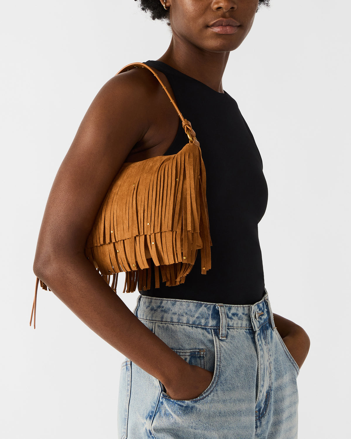 BOHEME Bag Tobacco Shoulder Strap Studded Fringe Handbag