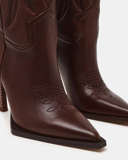 KINZEE Brown Leather Pointed-Toe Knee-High Western Stiletto Women's Boot