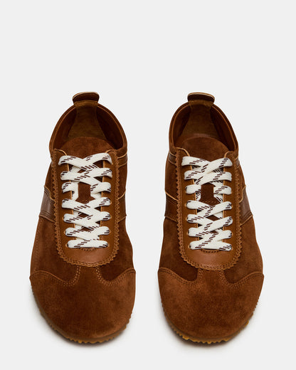 JUNA Cognac Suede Low-Top Lace-Up Stripe Men's Sneaker