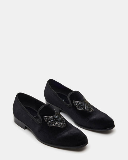 FINN Black Velvet Rhinestone Fox Head Design Slip-On Men's Loafer