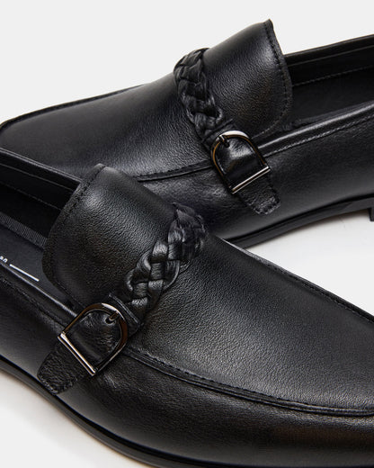CHAPLIN Black Leather Woven-Strap Buckle Slip-On Men's Loafer