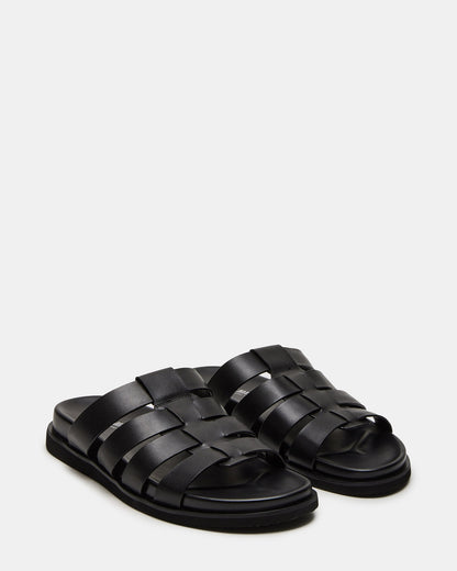 MARVYN Black Leather Men's Fisherman Slip-On Sandal
