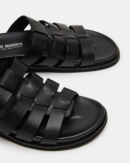 MARVYN Black Leather Men's Fisherman Slip-On Sandal
